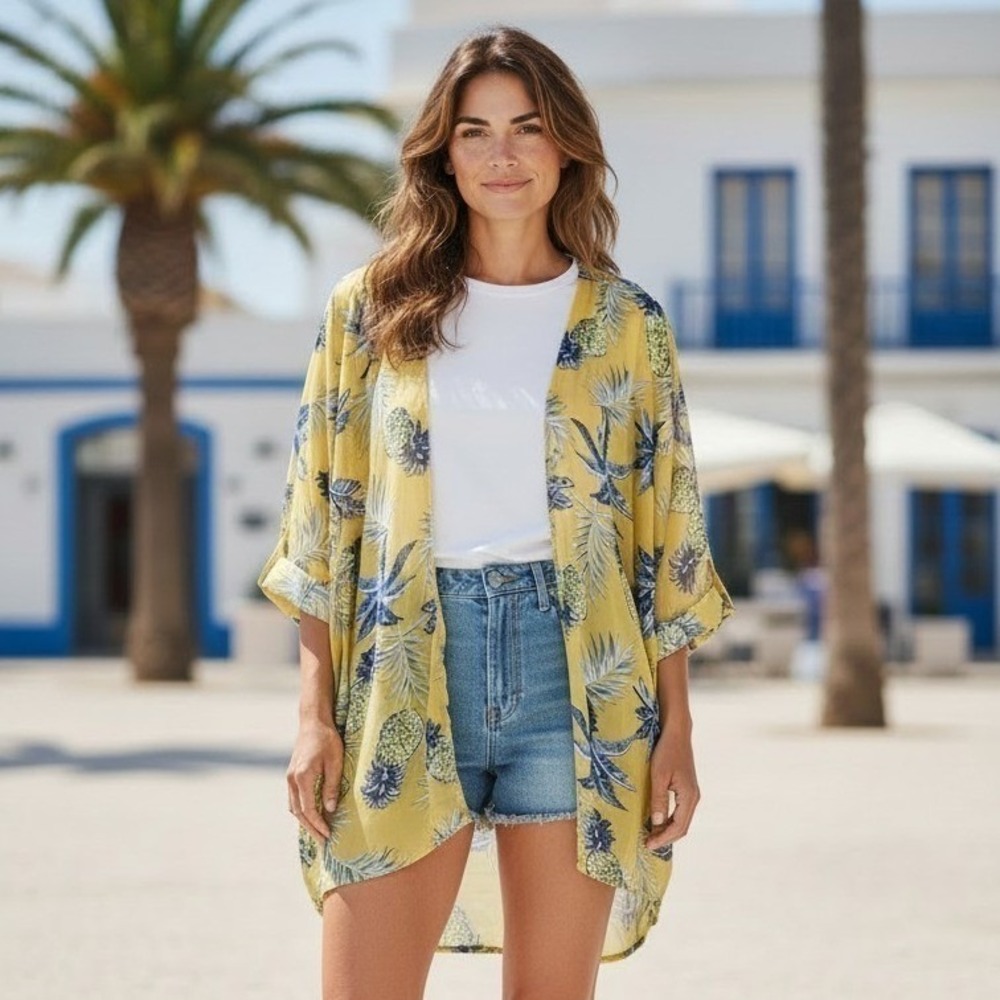 Yellow Tropical Pineapple Print Open Front Kimono Wrap Half Sleeve Size L